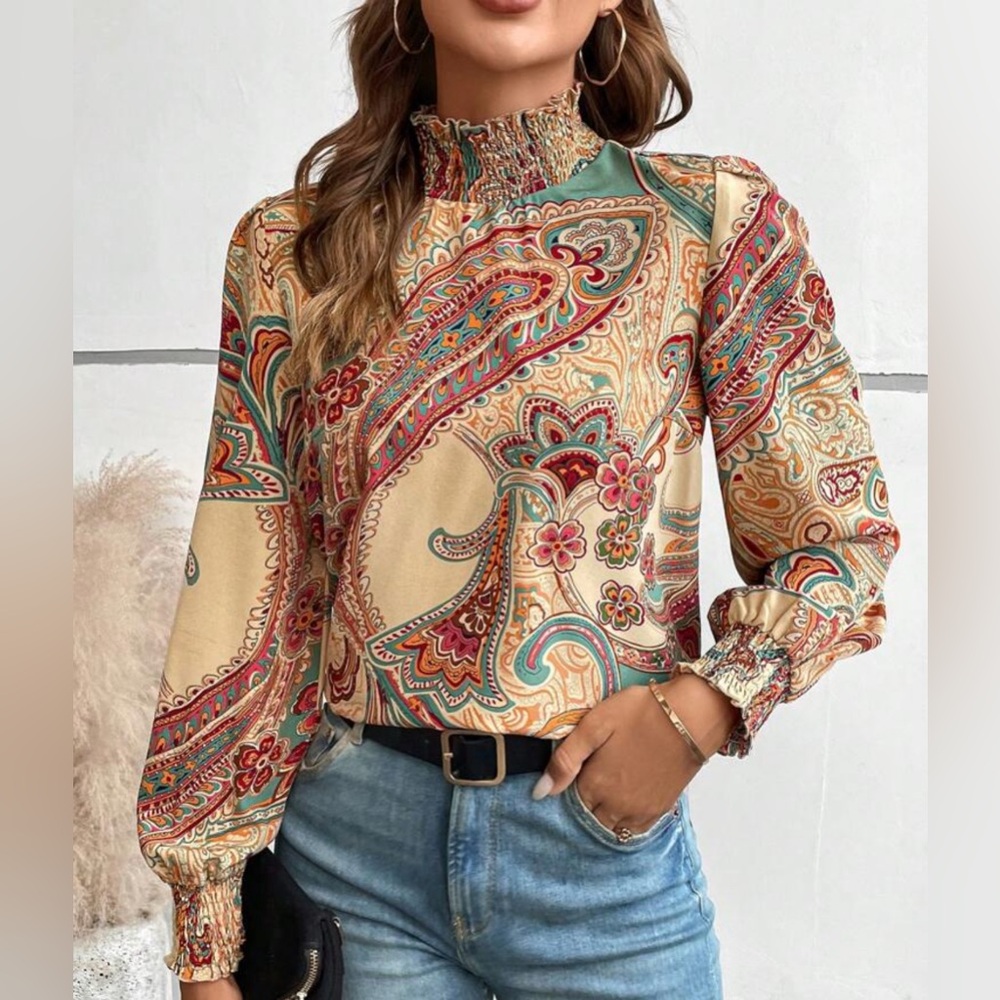 Paisley Print Mock Neck Lantern Sleeve Blouse - Picture 5 of 7